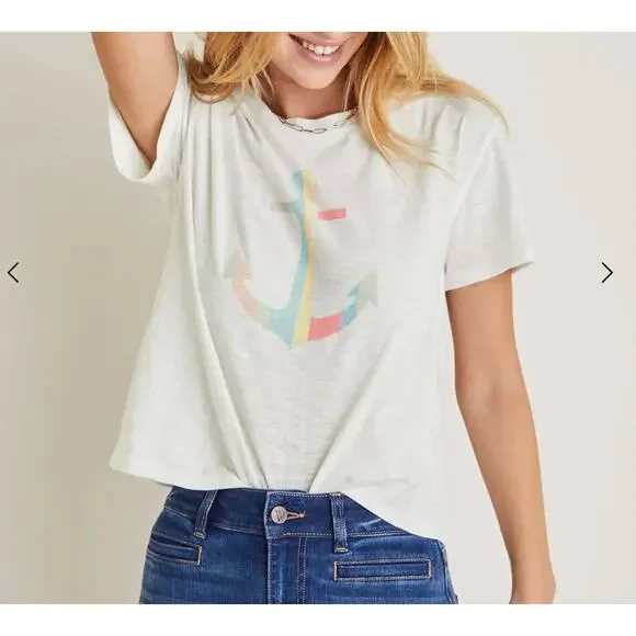 New with tags, VENUS White Cropped Anchor Short Sleeve Shirt Top, Size XL - Picture 1 of 9